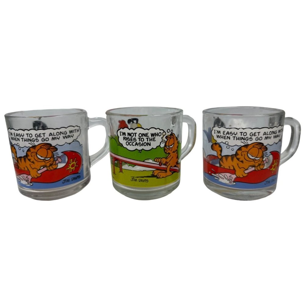 3 Vtg Garfield Odie Glass Mugs 1978 McDonalds Anchor Hocking Cartoon Comic Cat